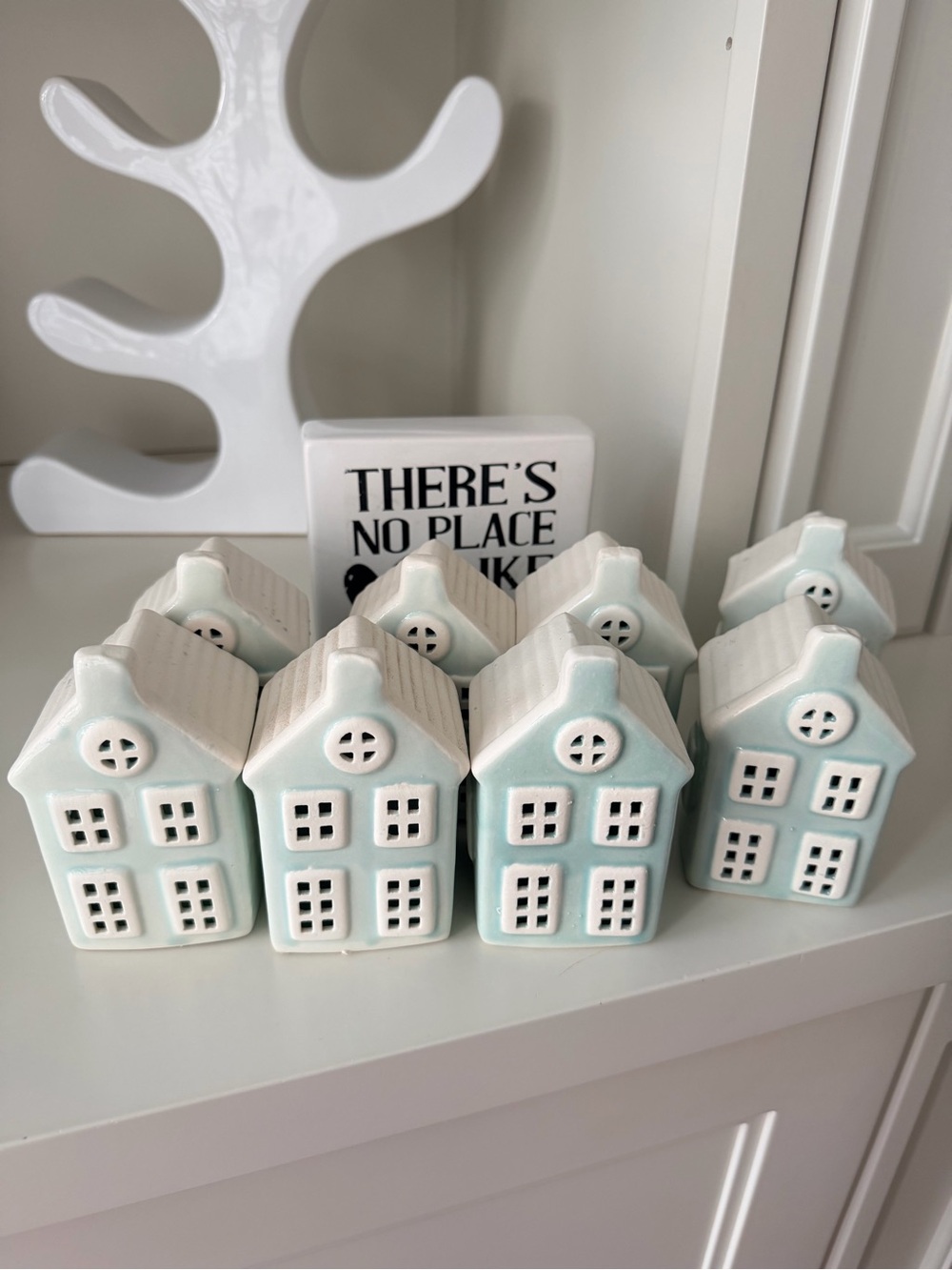 Set of 8 Ceramic Glazed Mini Houses Decorative Mint White + Sign House Warming